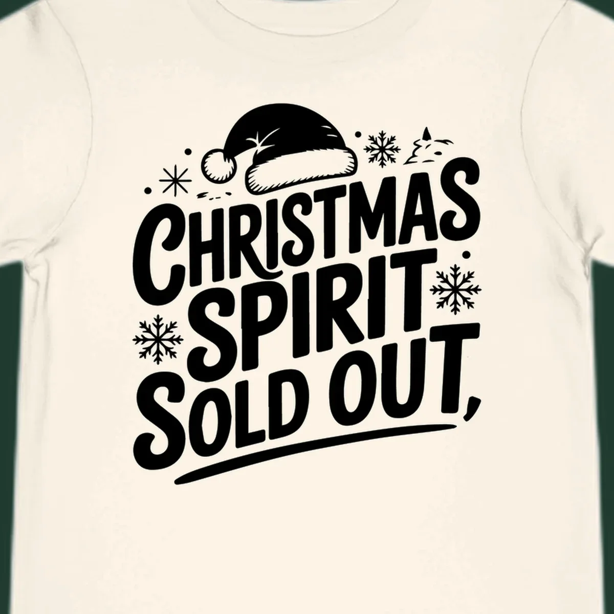 Christmas spirit sold out text with santa hat and snowflakes graphic