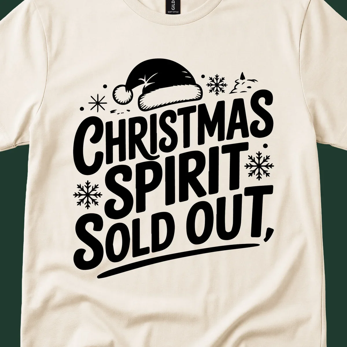 Christmas spirit sold out text with santa hat and snowflakes graphic