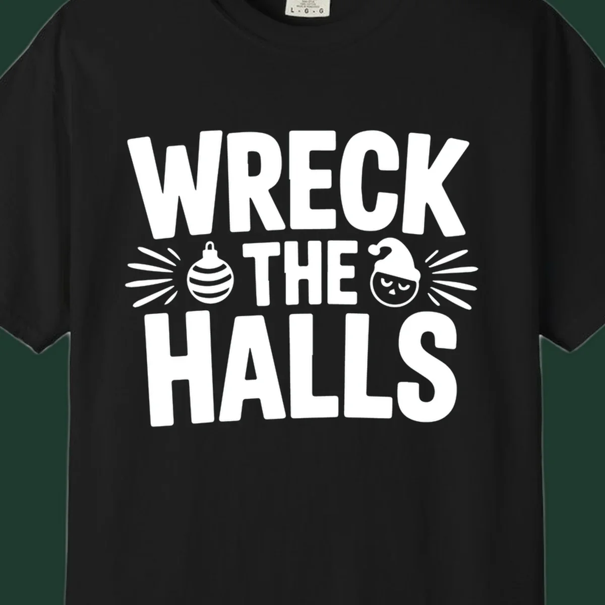 Wreck the halls christmas phrase design with ornament and santa hat illustration.