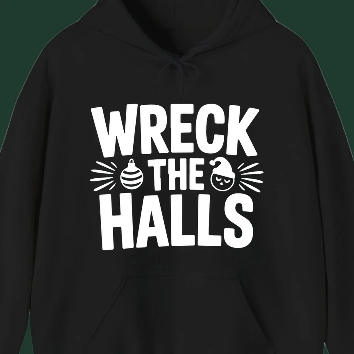 Wreck the halls christmas phrase design with ornament and santa hat illustration.