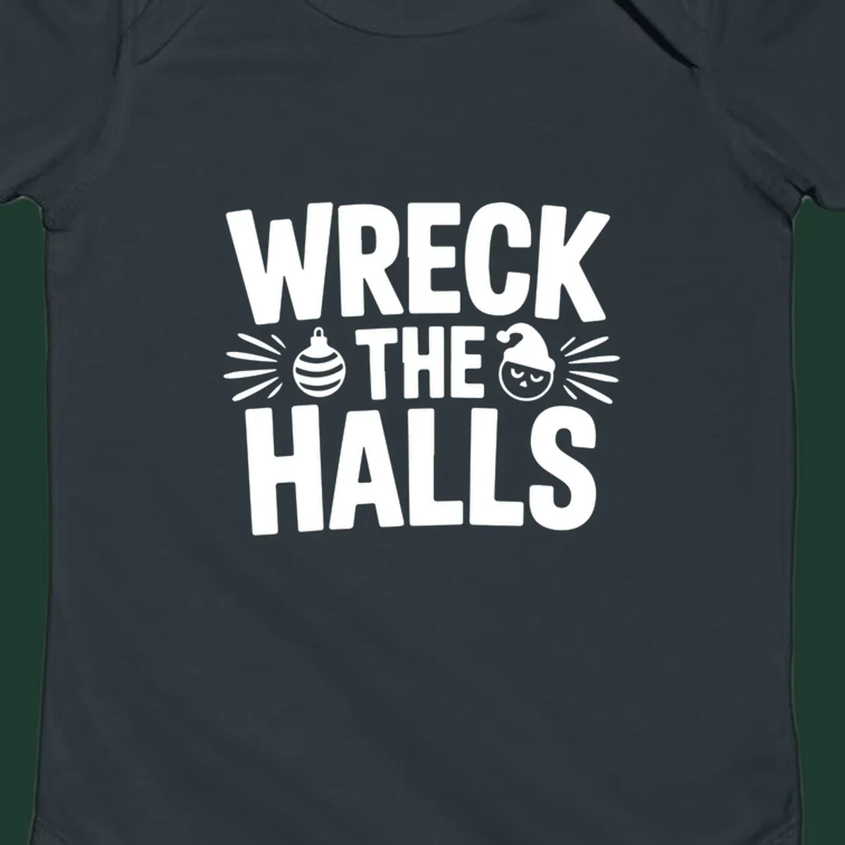 Wreck the halls christmas phrase design with ornament and santa hat illustration.