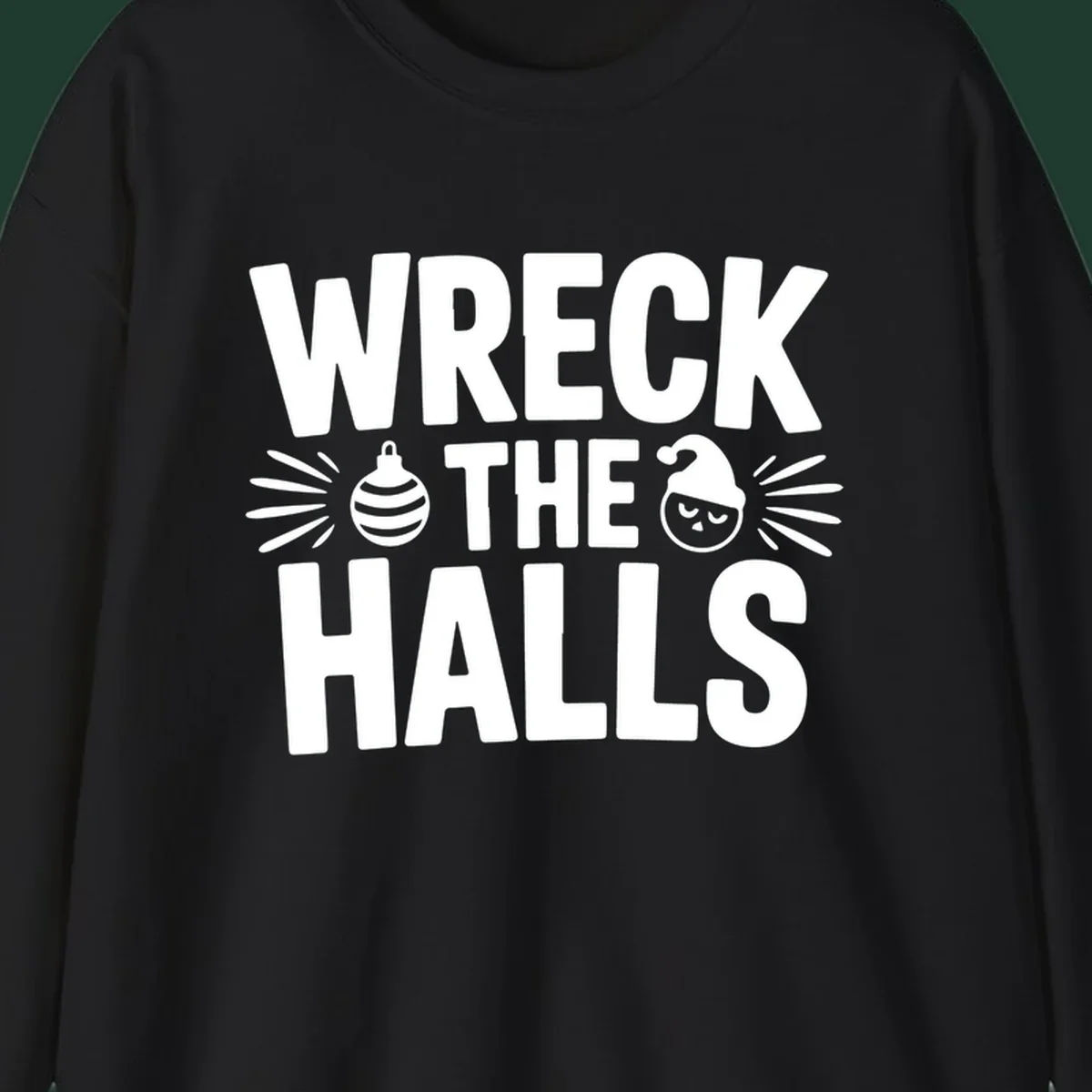 Wreck the halls christmas phrase design with ornament and santa hat illustration.