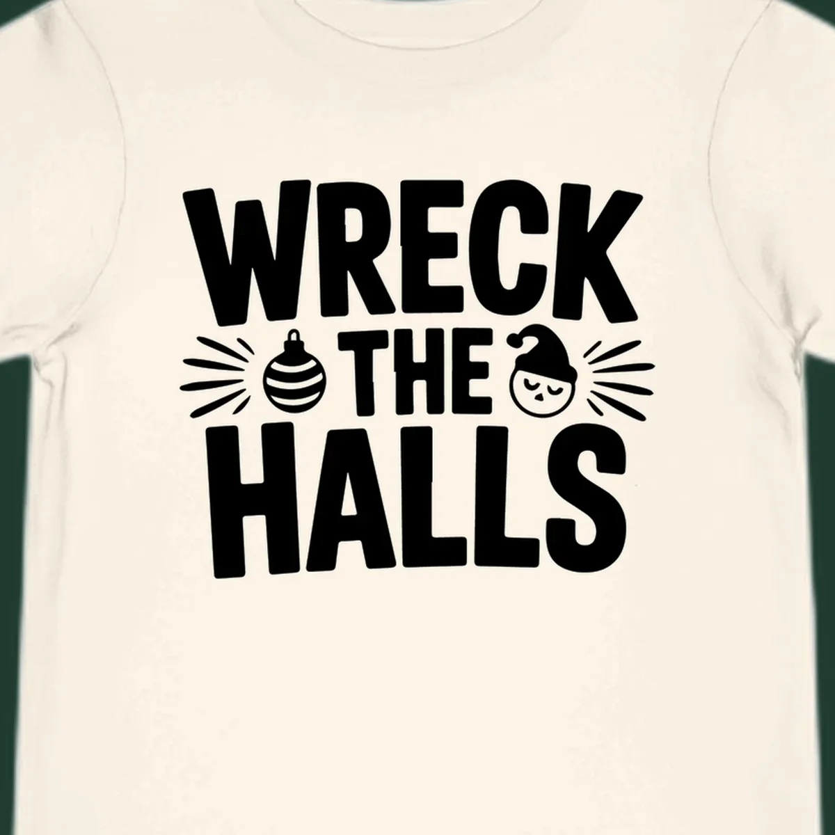 Wreck the halls christmas phrase design with ornament and santa hat illustration.