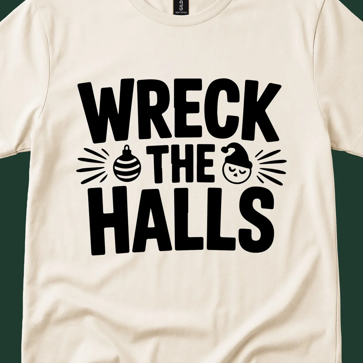 Wreck the halls christmas phrase design with ornament and santa hat illustration.