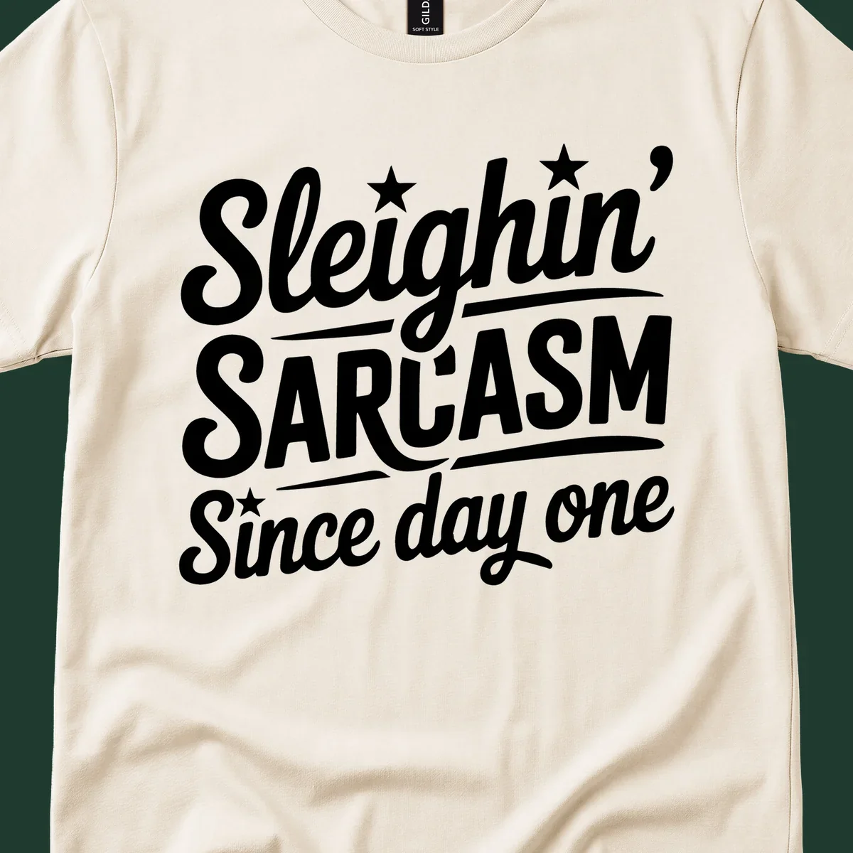 Sarcasm Since Day One text design with stylized script and stars.