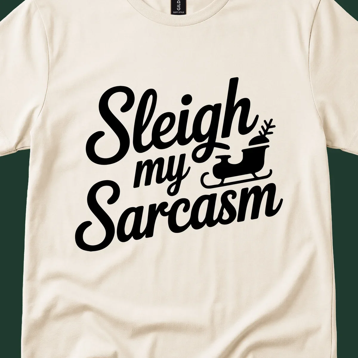 Sarcasm christmas quote design with text and sleigh illustration.
