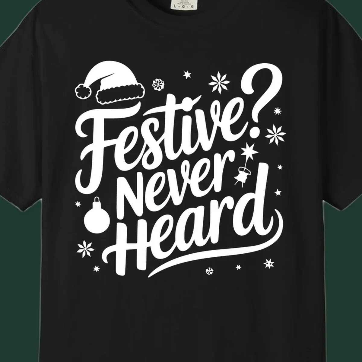 Festive Never Heard text with Christmas illustrations, Santa hat, snowflakes, and ornaments.