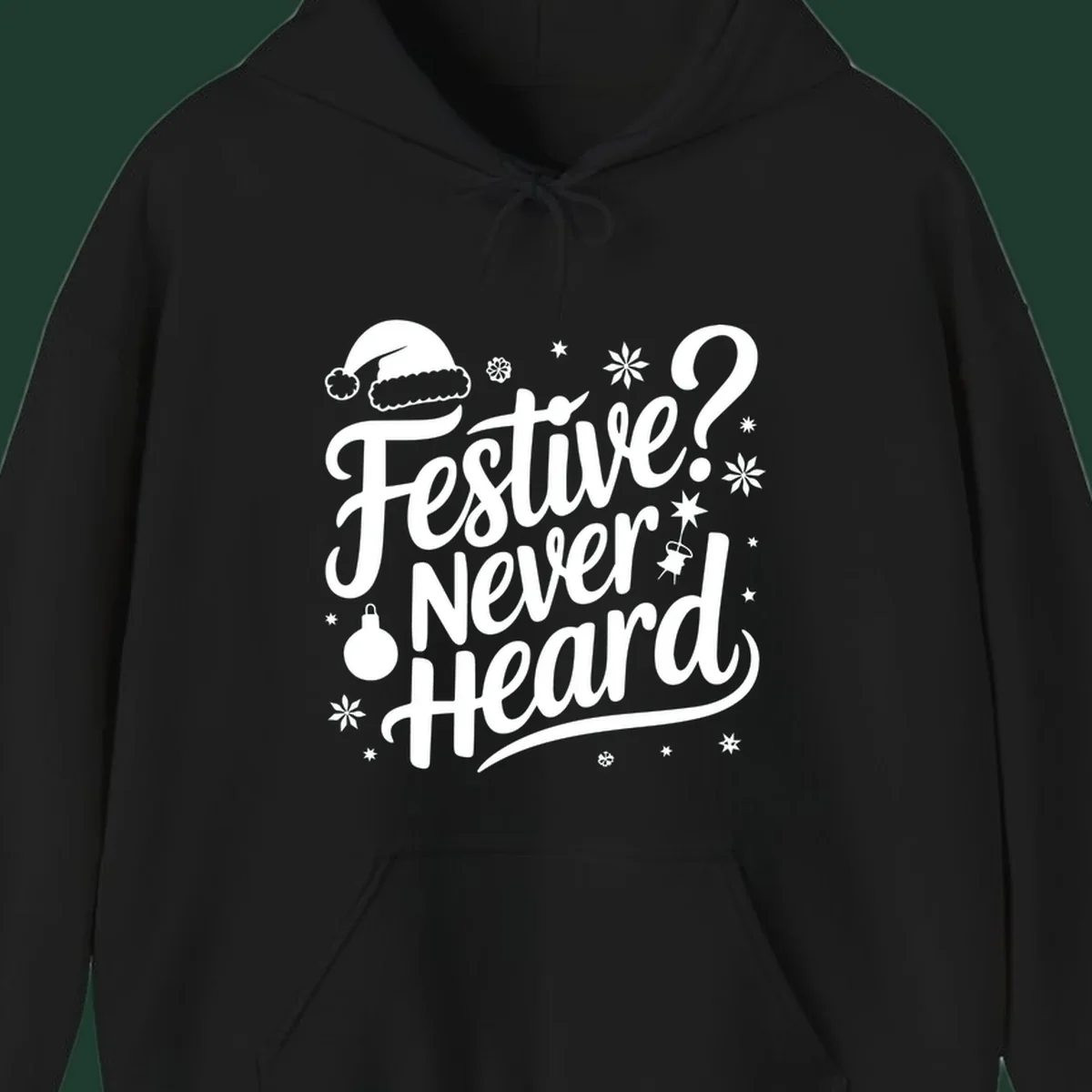 Festive Never Heard text with Christmas illustrations, Santa hat, snowflakes, and ornaments.