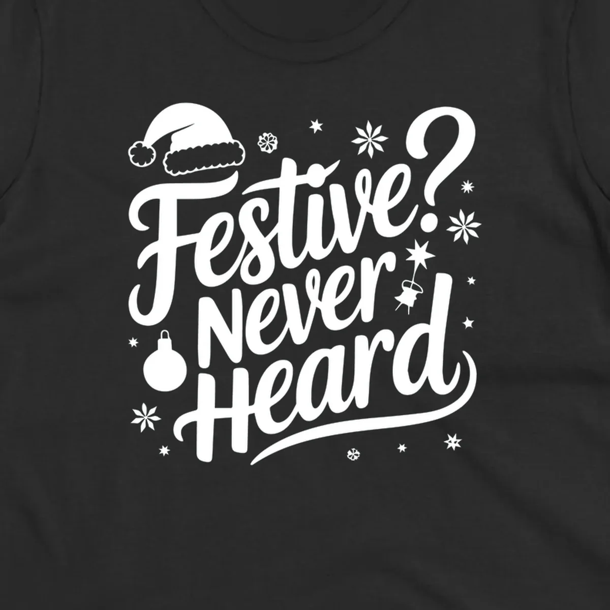 Festive Never Heard text with Christmas illustrations, Santa hat, snowflakes, and ornaments.