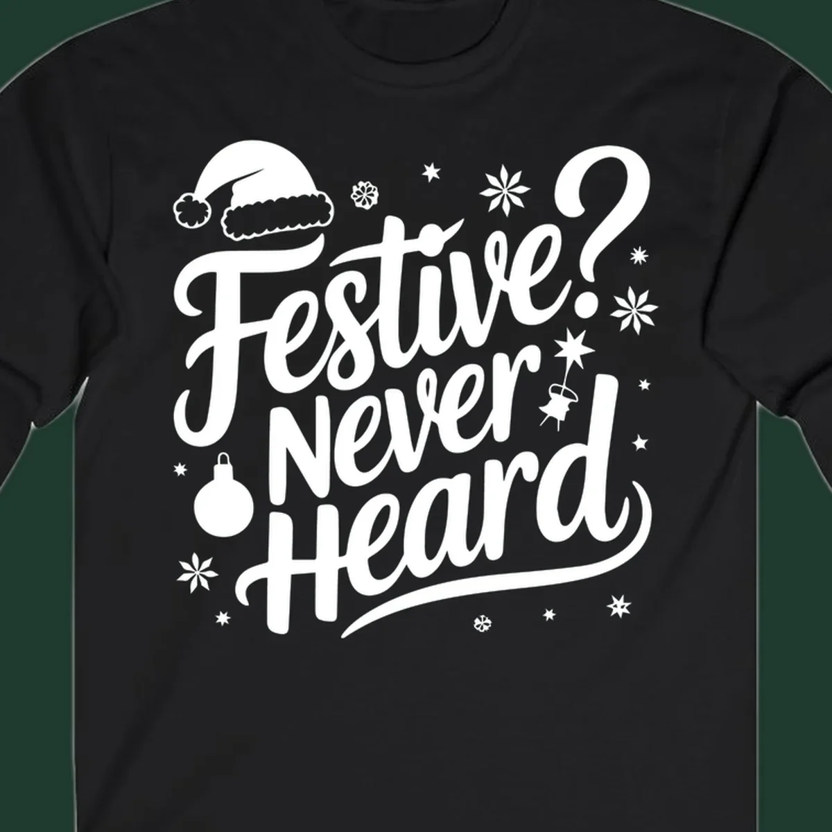 Festive Never Heard text with Christmas illustrations, Santa hat, snowflakes, and ornaments.