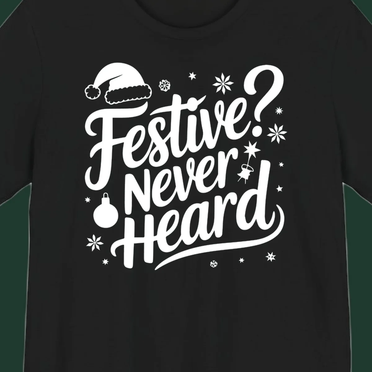 Festive Never Heard text with Christmas illustrations, Santa hat, snowflakes, and ornaments.