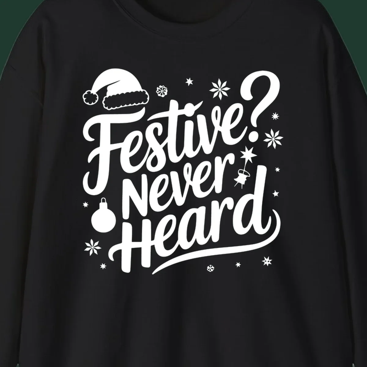 Festive Never Heard text with Christmas illustrations, Santa hat, snowflakes, and ornaments.