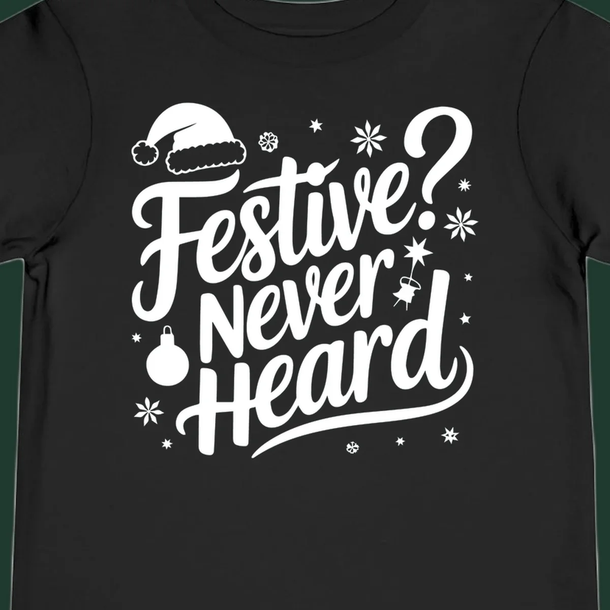 Festive Never Heard text with Christmas illustrations, Santa hat, snowflakes, and ornaments.