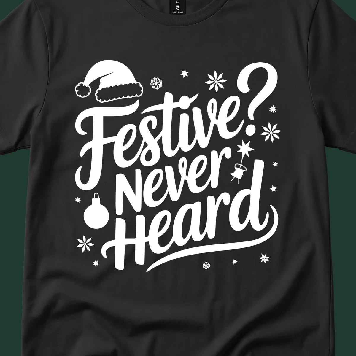 Festive Never Heard text with Christmas illustrations, Santa hat, snowflakes, and ornaments.