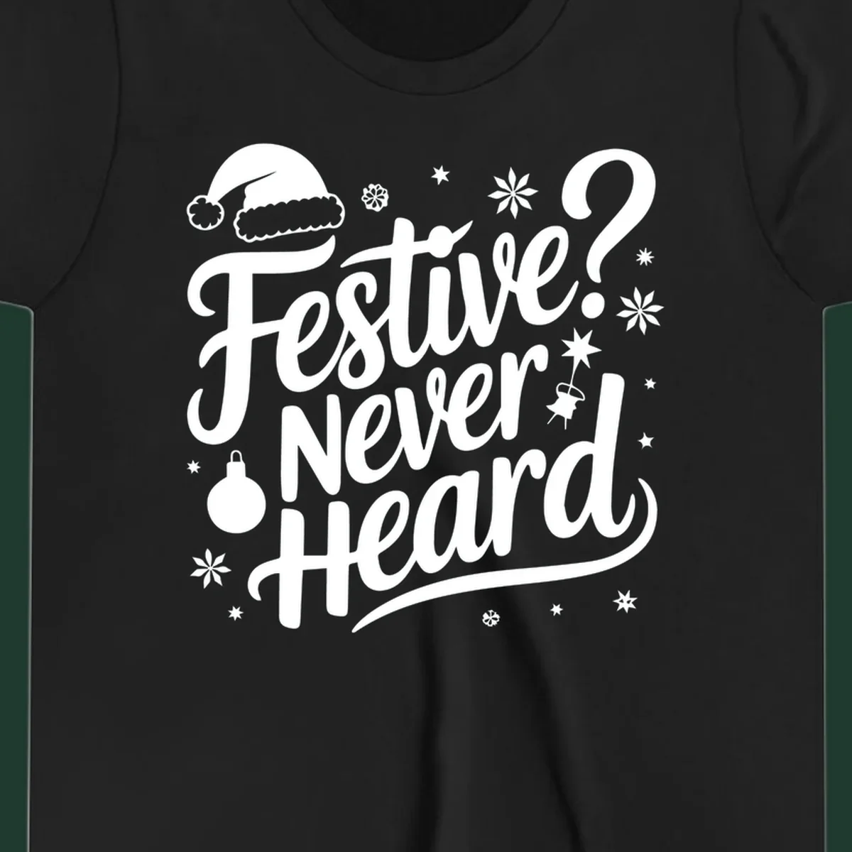 Festive Never Heard text with Christmas illustrations, Santa hat, snowflakes, and ornaments.