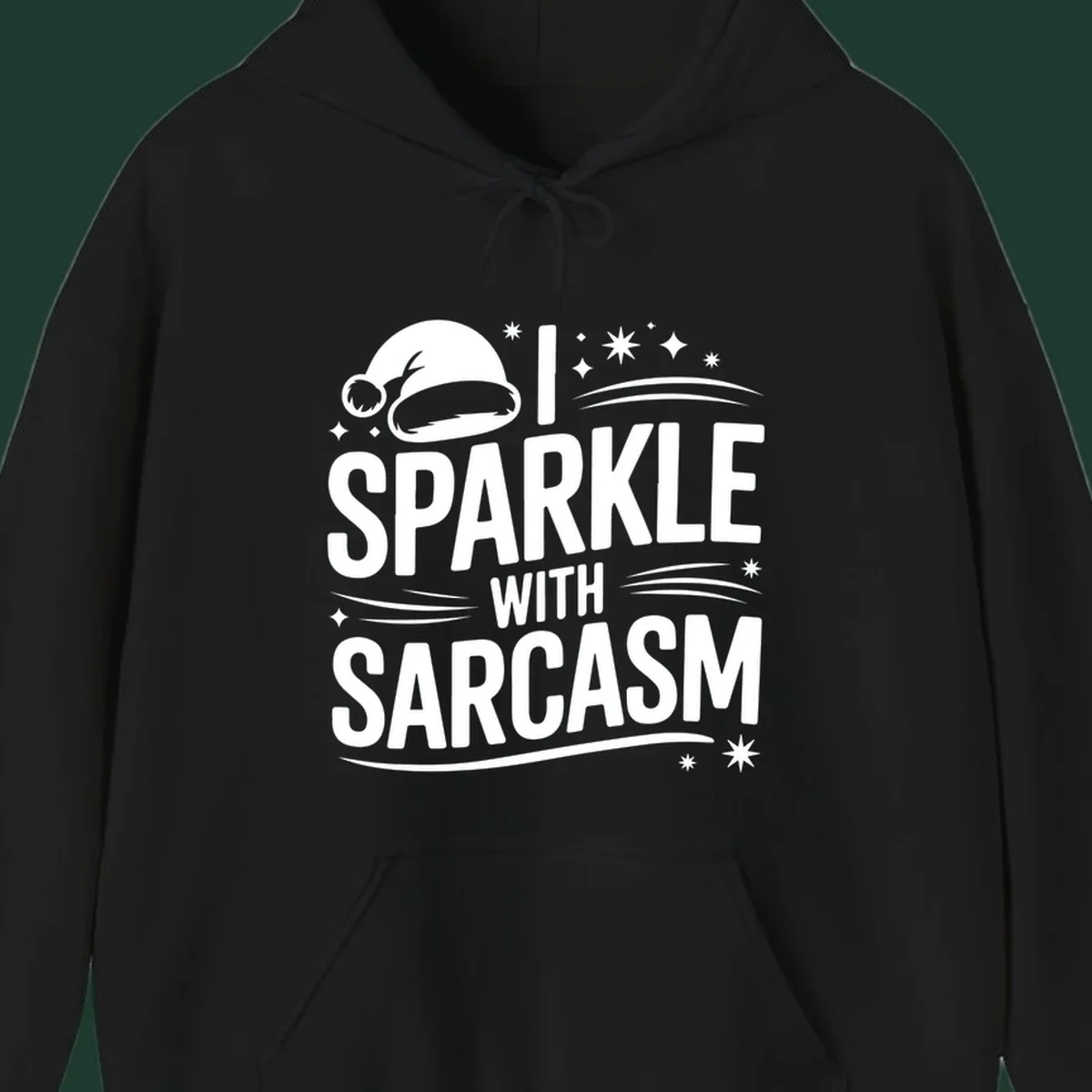 Graphic with Santa hat and text 'I SPARKLE WITH SARCASM', featuring stars and swirls.