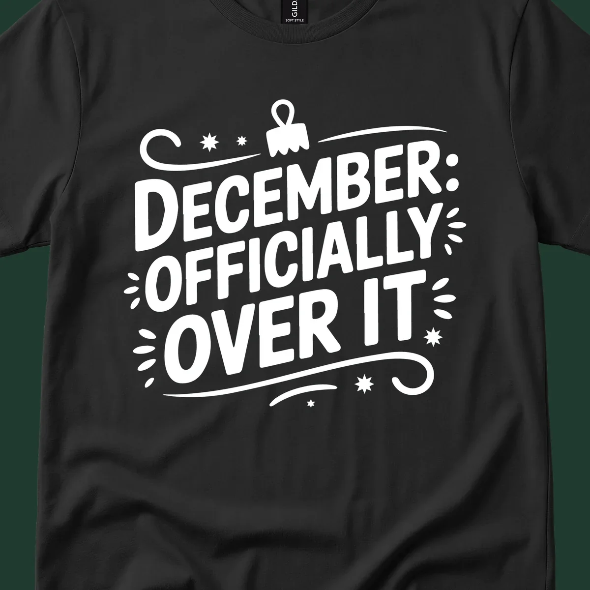 December officially over it typography with decorative elements.