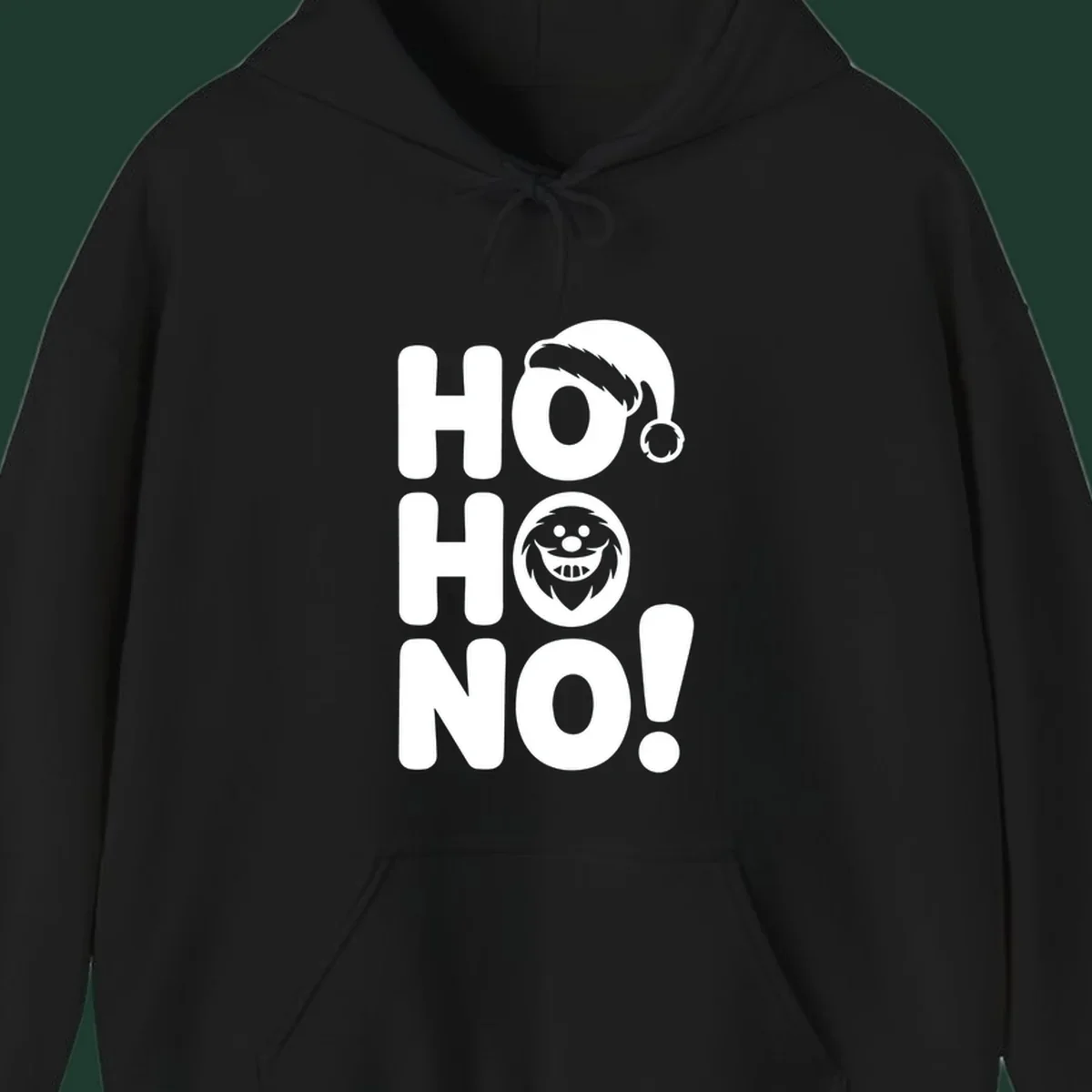 Ho ho no monster graphic with Santa hat and text on black or white background.