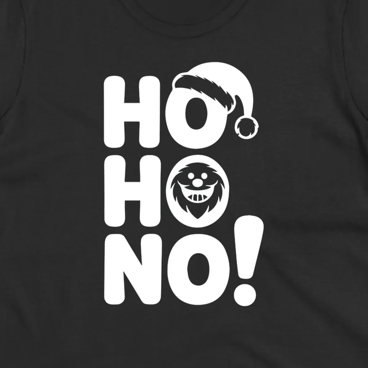 Ho ho no monster graphic with Santa hat and text on black or white background.