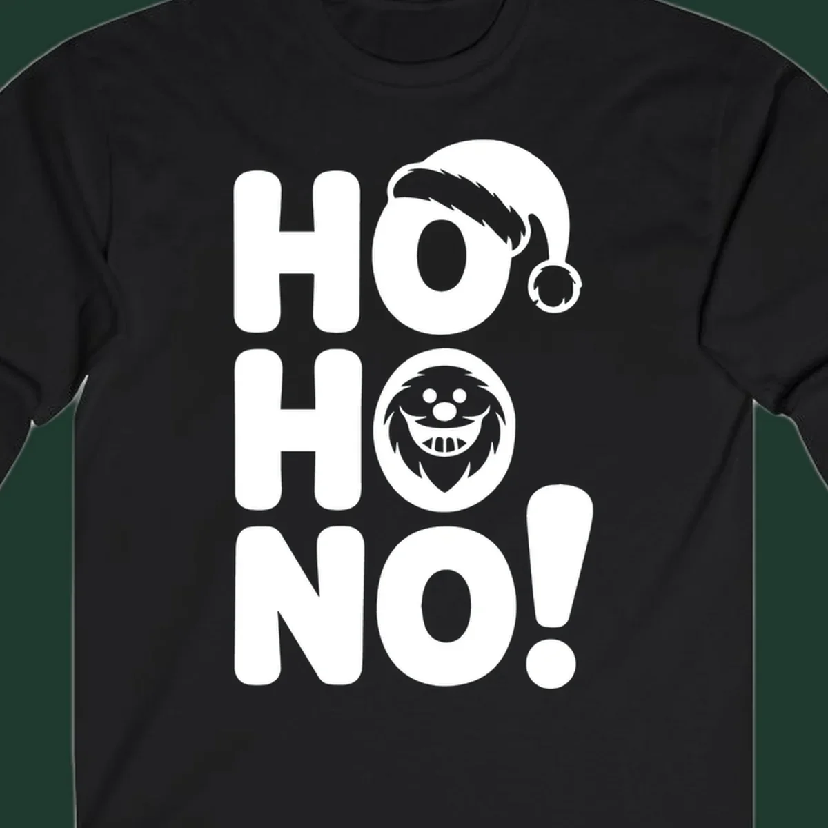 Ho ho no monster graphic with Santa hat and text on black or white background.