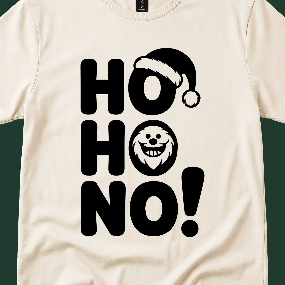 Ho ho no monster graphic with Santa hat and text on black or white background.
