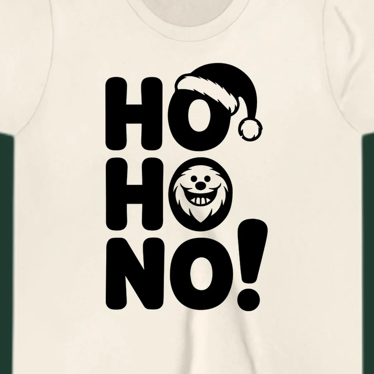 Ho ho no monster graphic with Santa hat and text on black or white background.