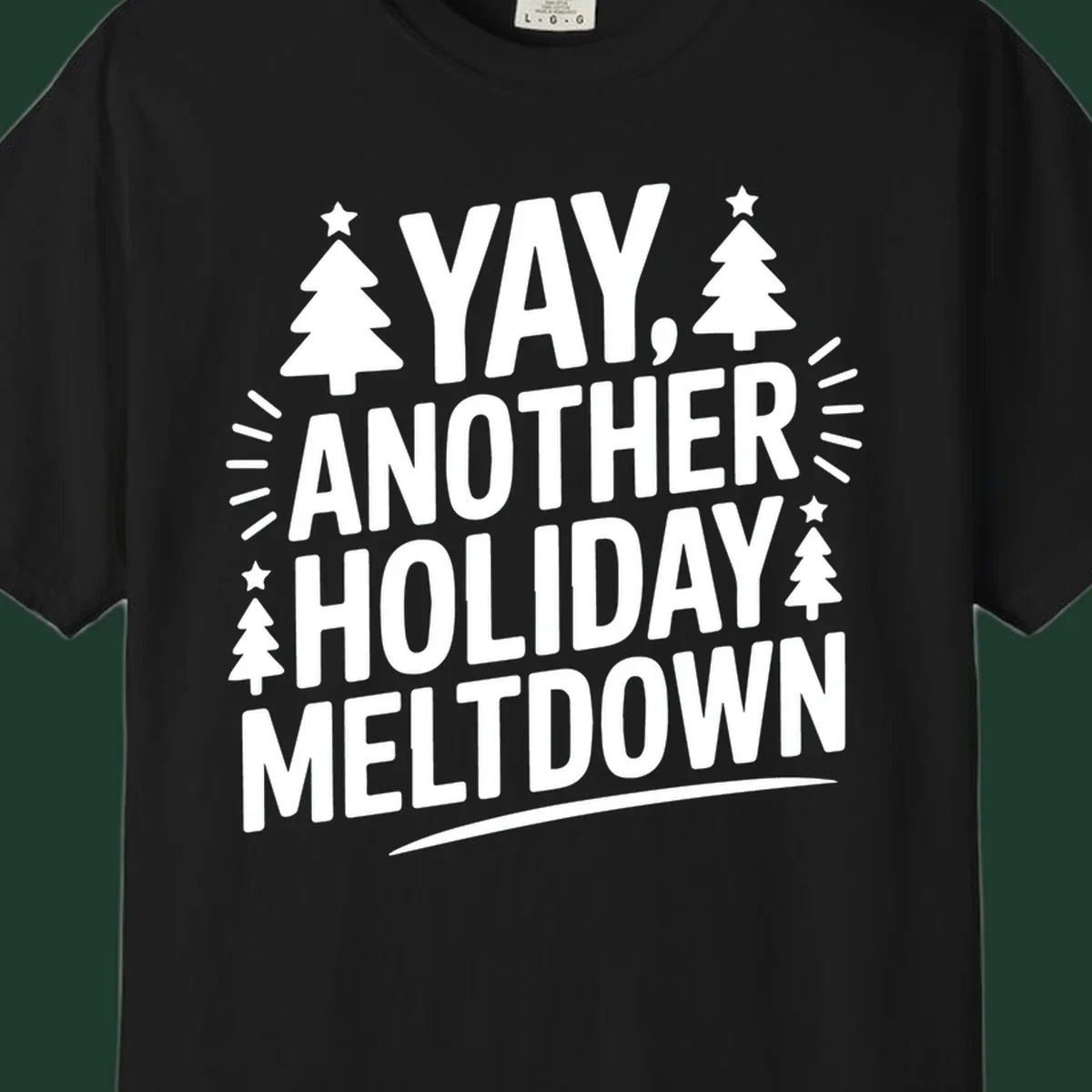 Yay Another Holiday Meltdown typography with Christmas trees and stars. holiday-meltdown-typography