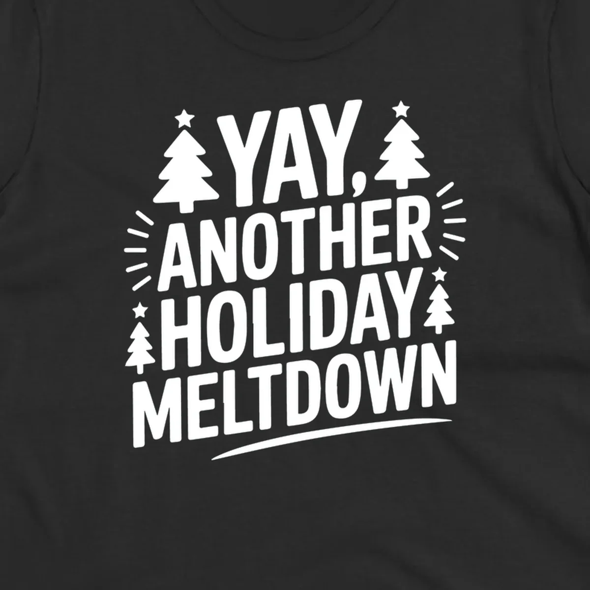Yay Another Holiday Meltdown typography with Christmas trees and stars. holiday-meltdown-typography