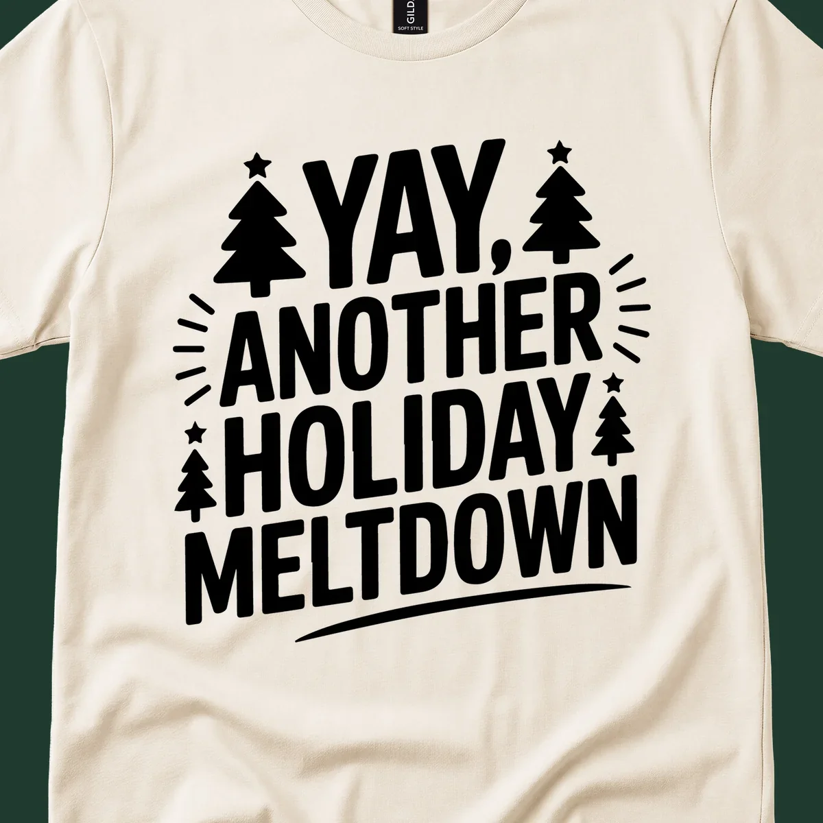 Yay Another Holiday Meltdown typography with Christmas trees and stars. holiday-meltdown-typography
