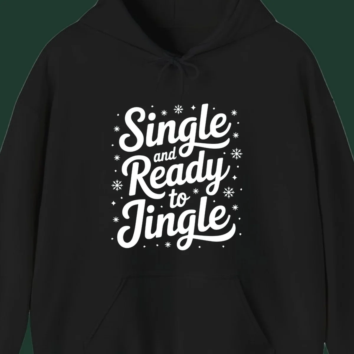 Single and ready to jingle typography graphic with snowflakes and stars.
