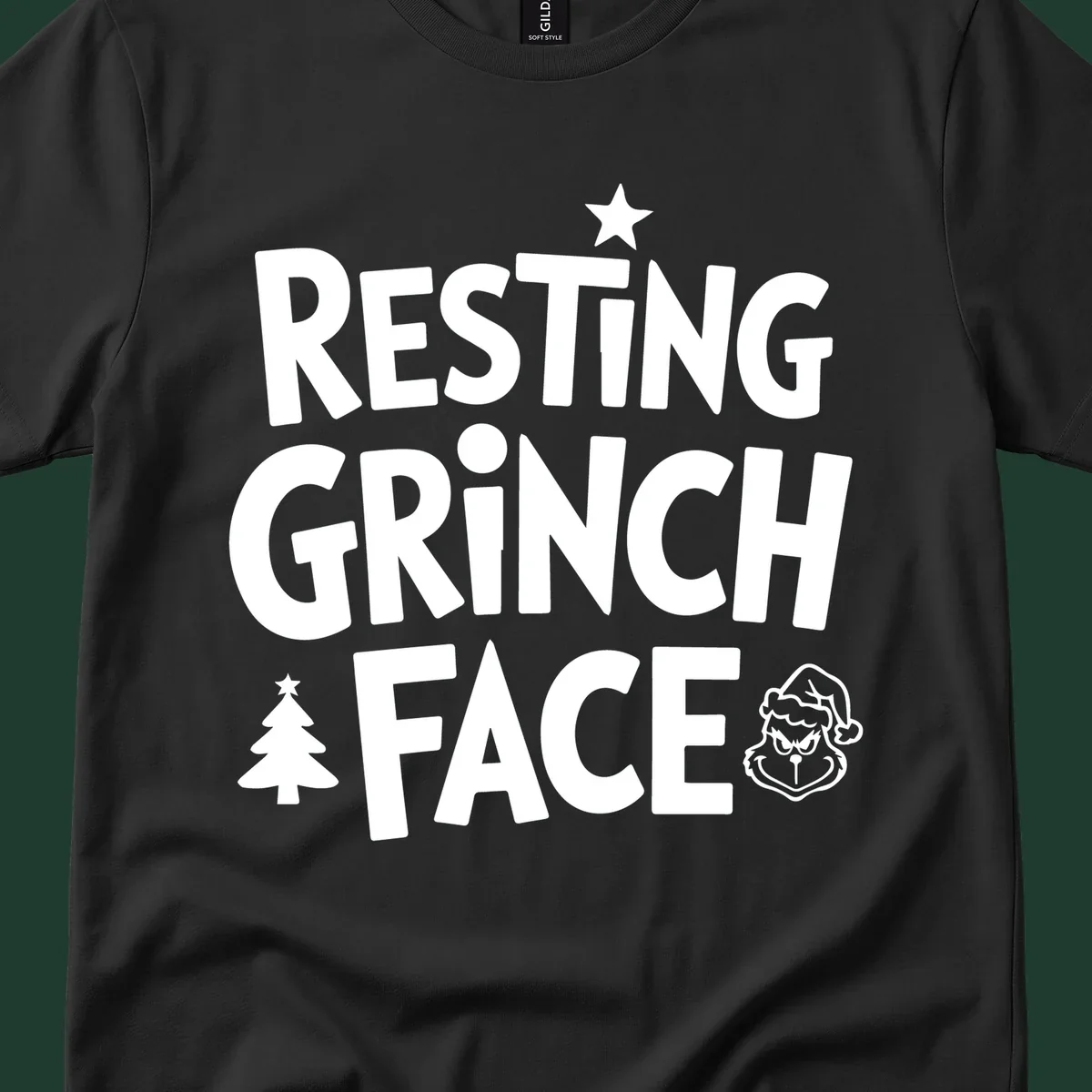 Resting Grinch Face graphic design with typography and character elements.
