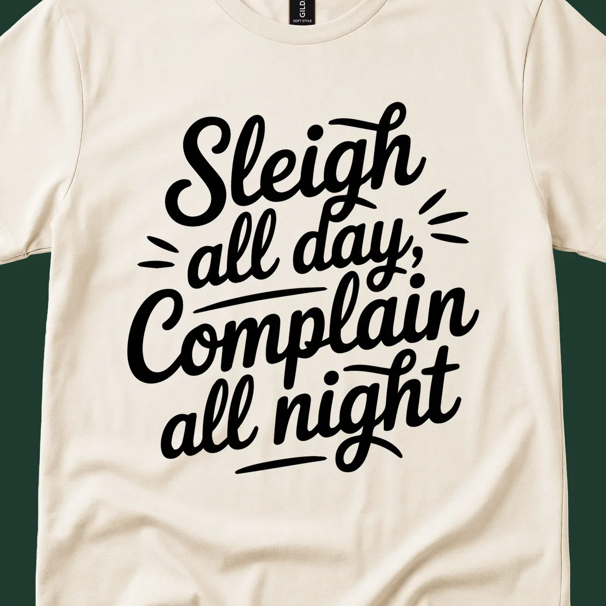 Sleigh all day complain all night typography design in white script font.