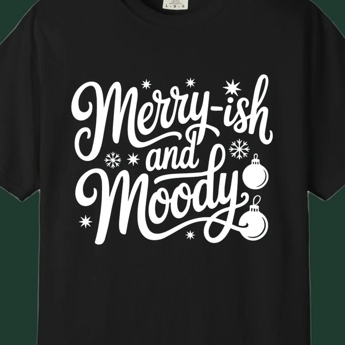 Merry-ish and Moody text with holiday graphic elements, Christmas theme