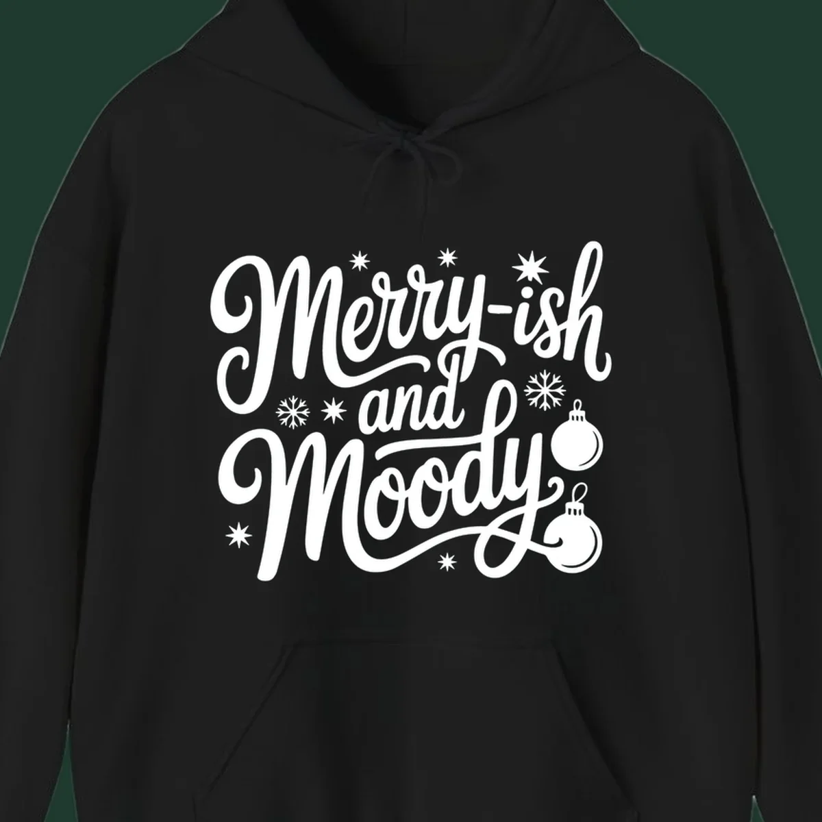 Merry-ish and Moody text with holiday graphic elements, Christmas theme