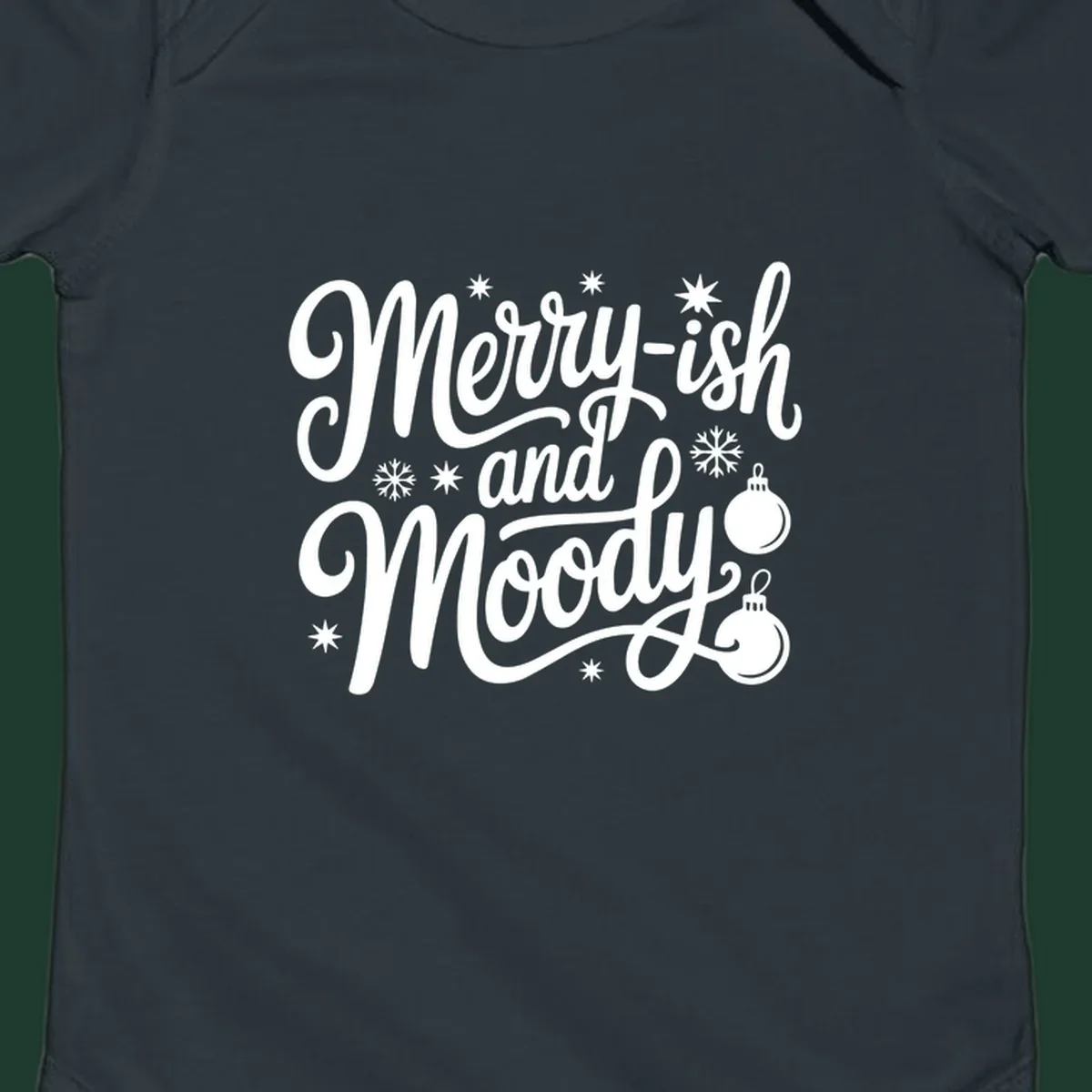 Merry-ish and Moody text with holiday graphic elements, Christmas theme