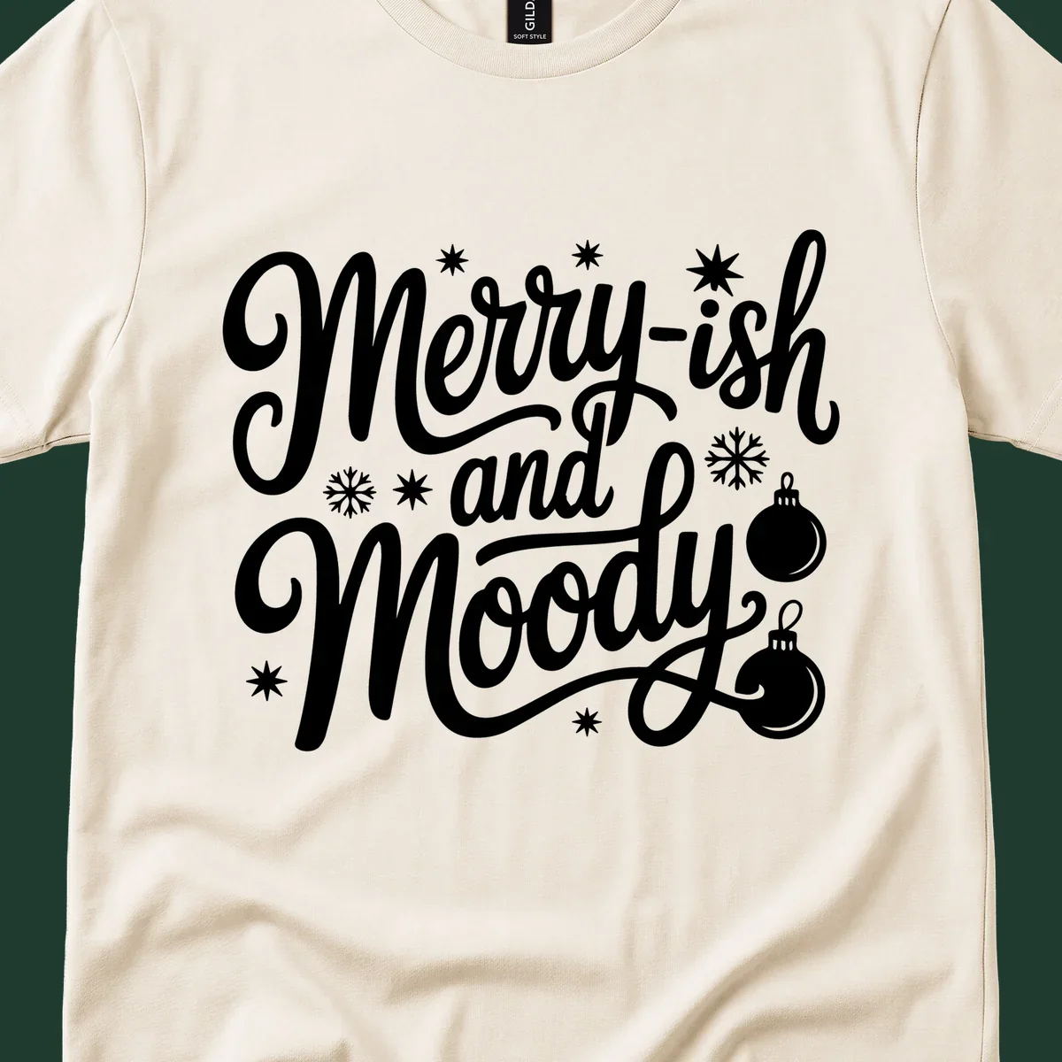 Merry-ish and Moody text with holiday graphic elements, Christmas theme