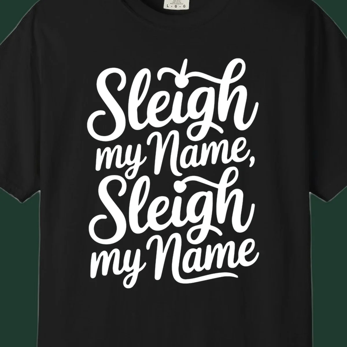 Sleigh my name pun text design in white script font on black.