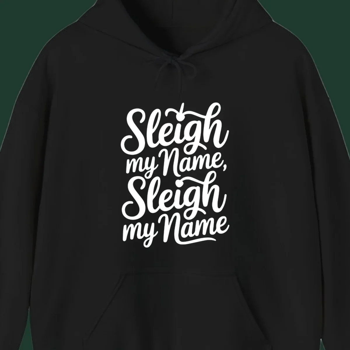 Sleigh my name pun text design in white script font on black.