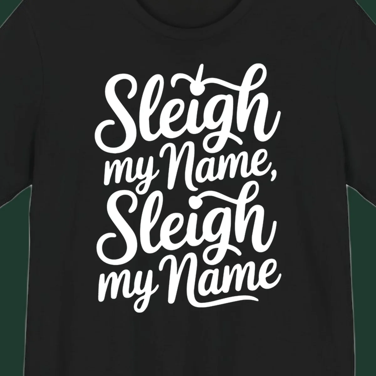 Sleigh my name pun text design in white script font on black.