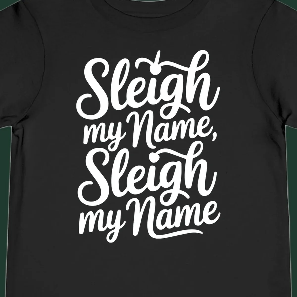 Sleigh my name pun text design in white script font on black.