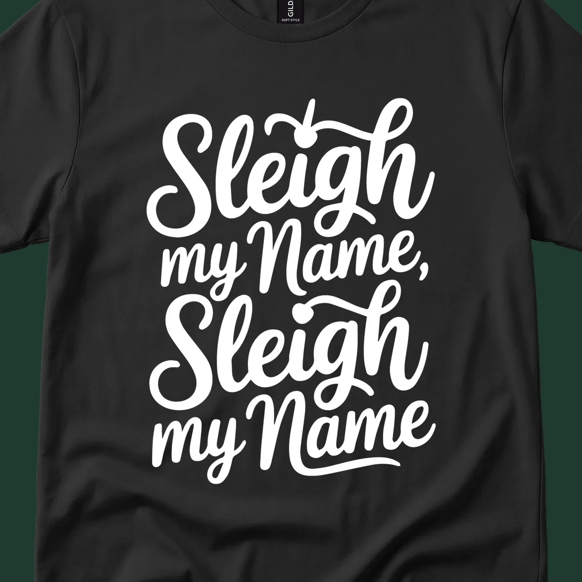 Sleigh my name pun text design in white script font on black.