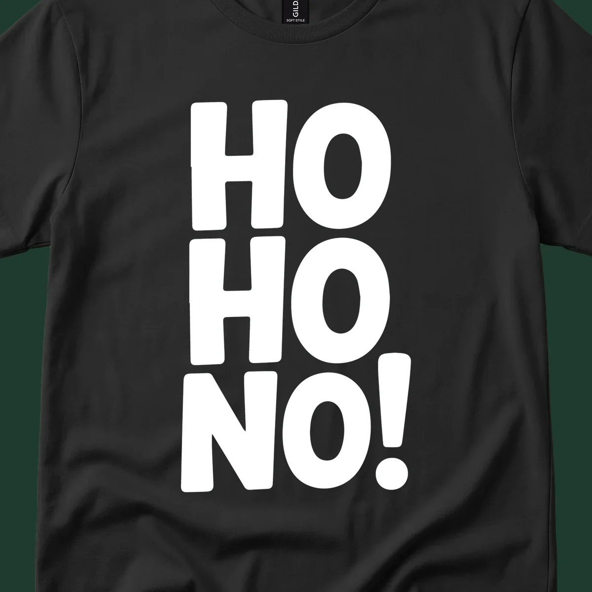 Bold white typography spelling HO HO NO, a modern ironic Christmas phrase.