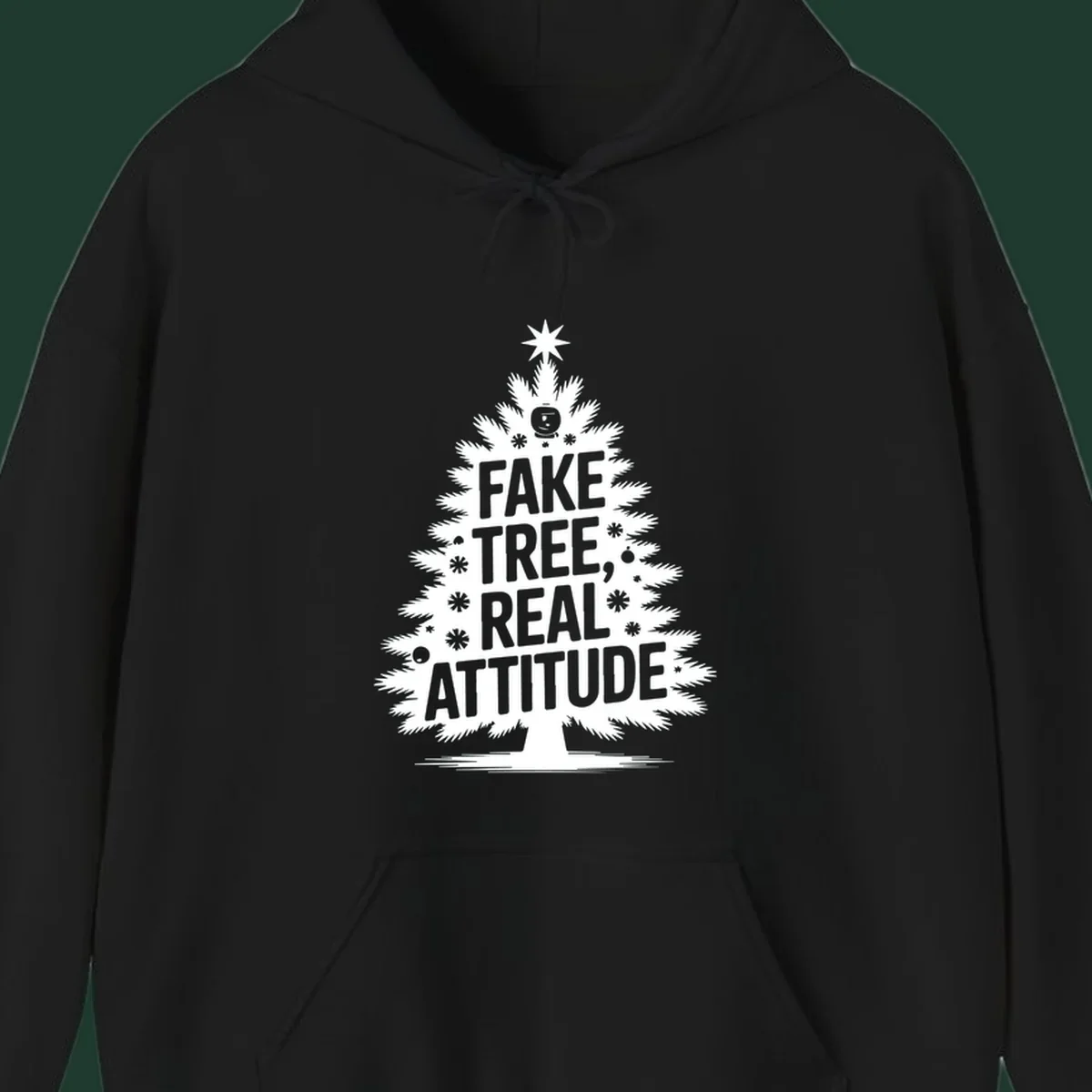 Fake tree, real attitude Christmas graphic with a stylized tree and bold text.