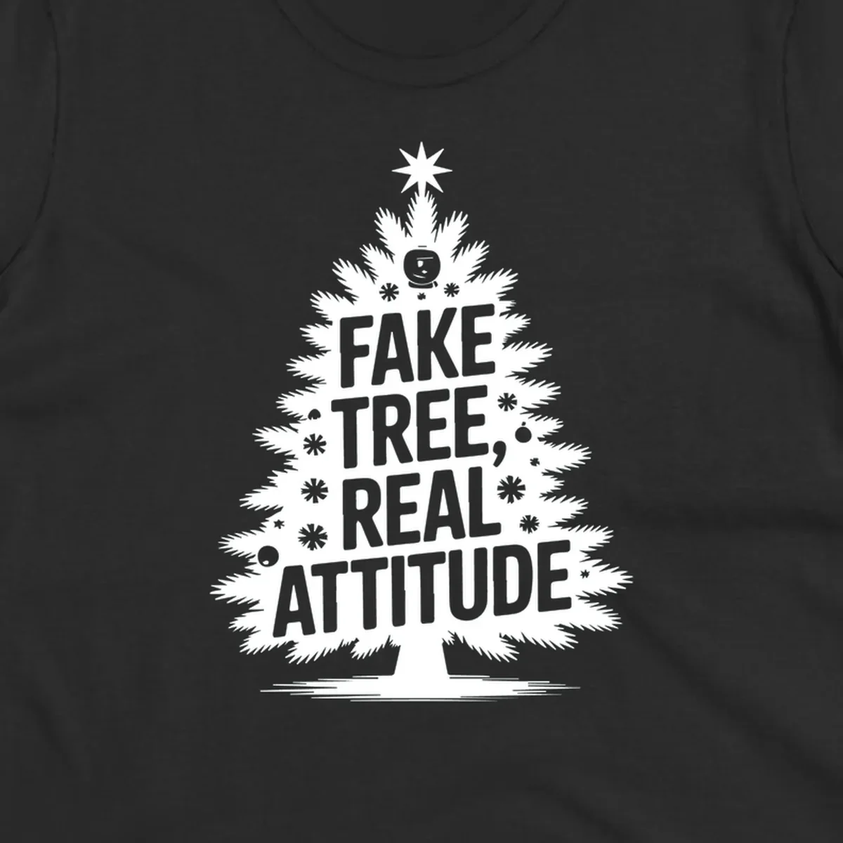 Fake tree, real attitude Christmas graphic with a stylized tree and bold text.