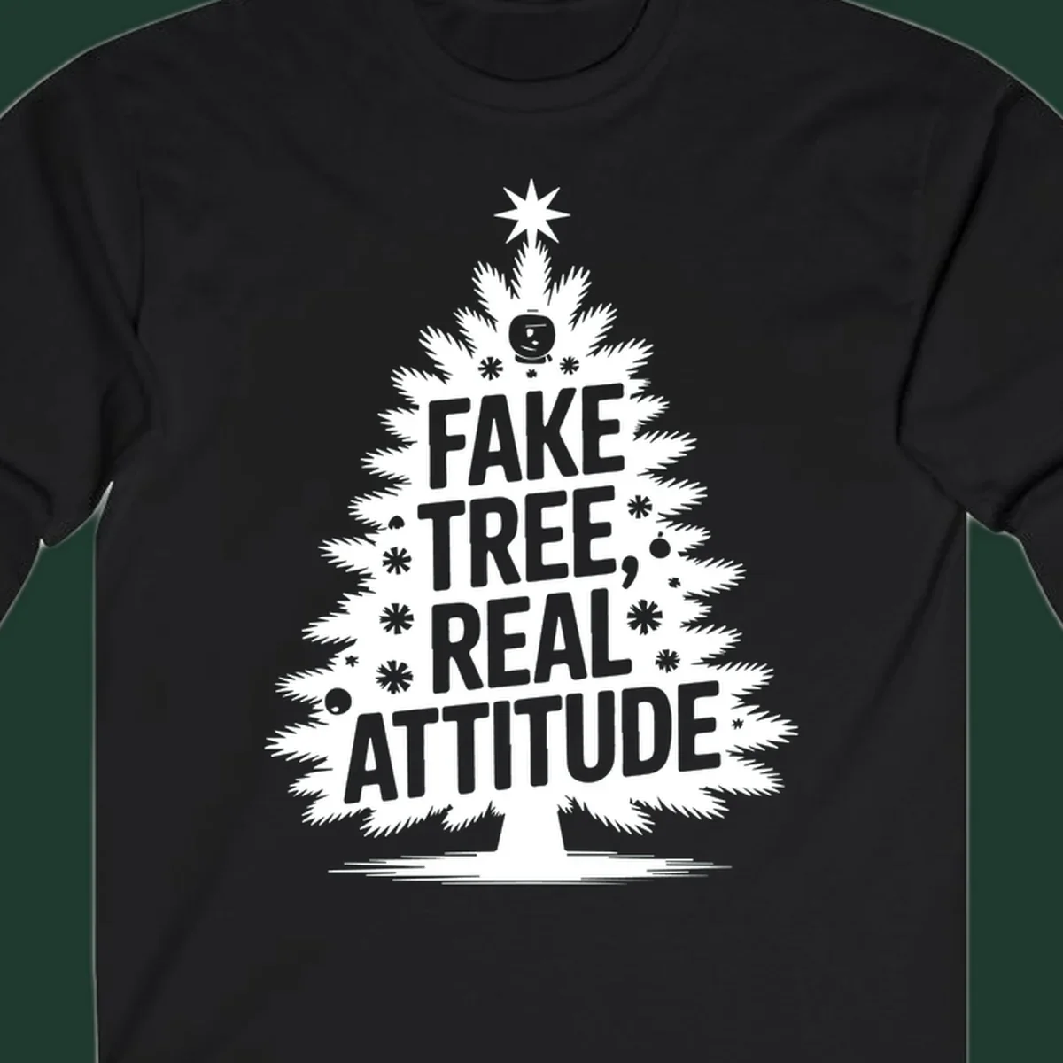 Fake tree, real attitude Christmas graphic with a stylized tree and bold text.