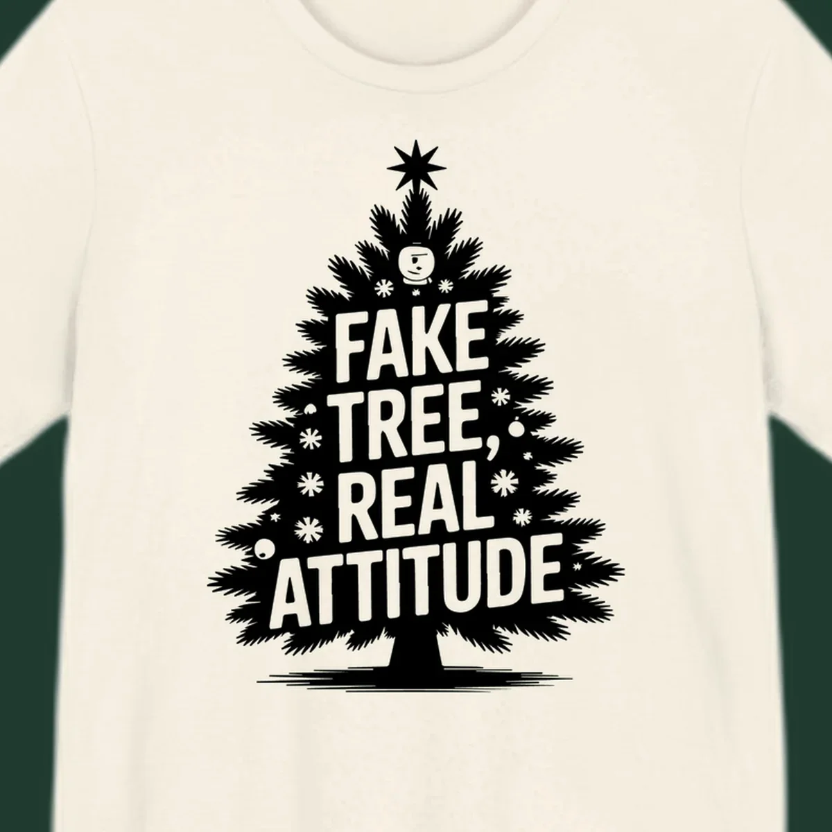 Fake tree, real attitude Christmas graphic with a stylized tree and bold text.