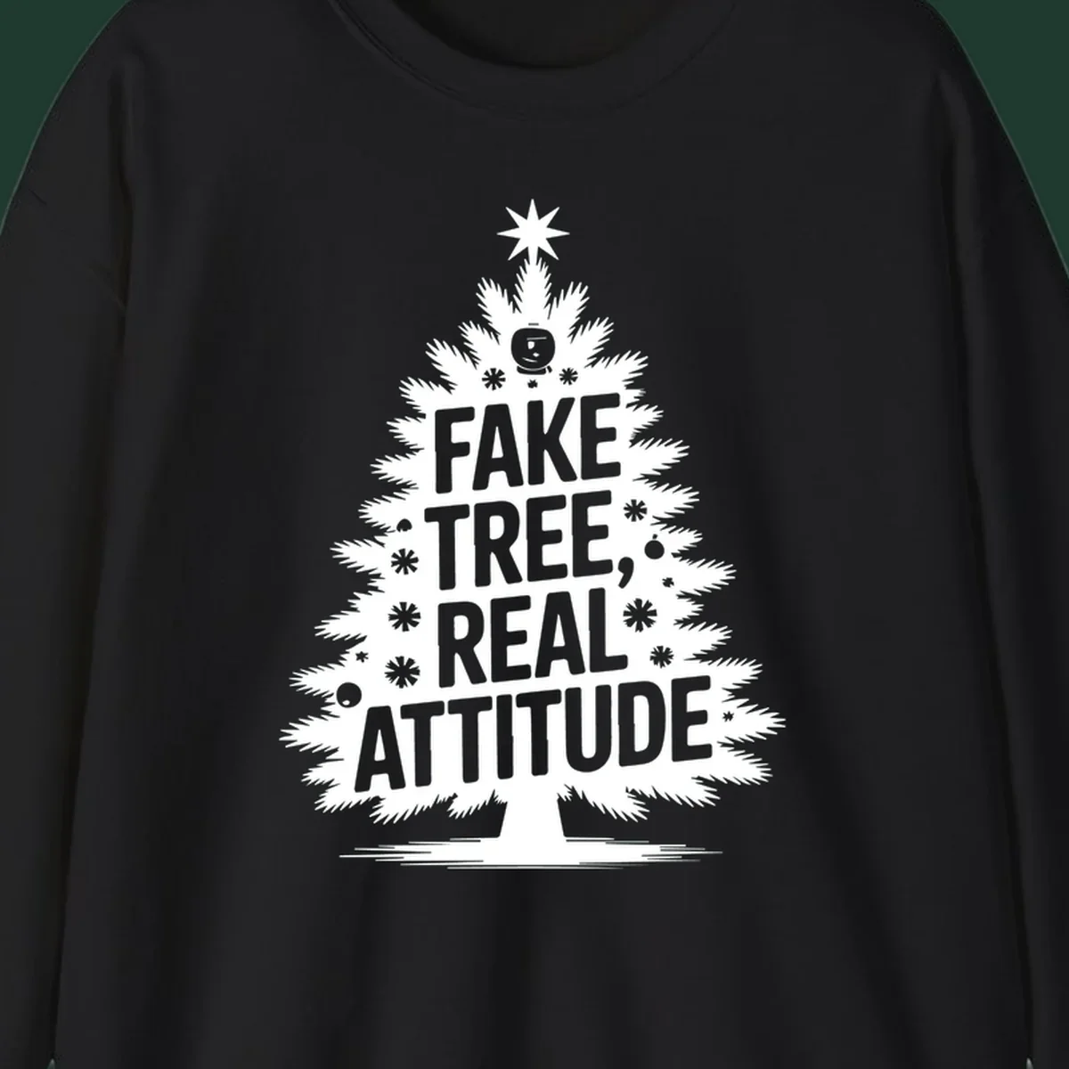 Fake tree, real attitude Christmas graphic with a stylized tree and bold text.