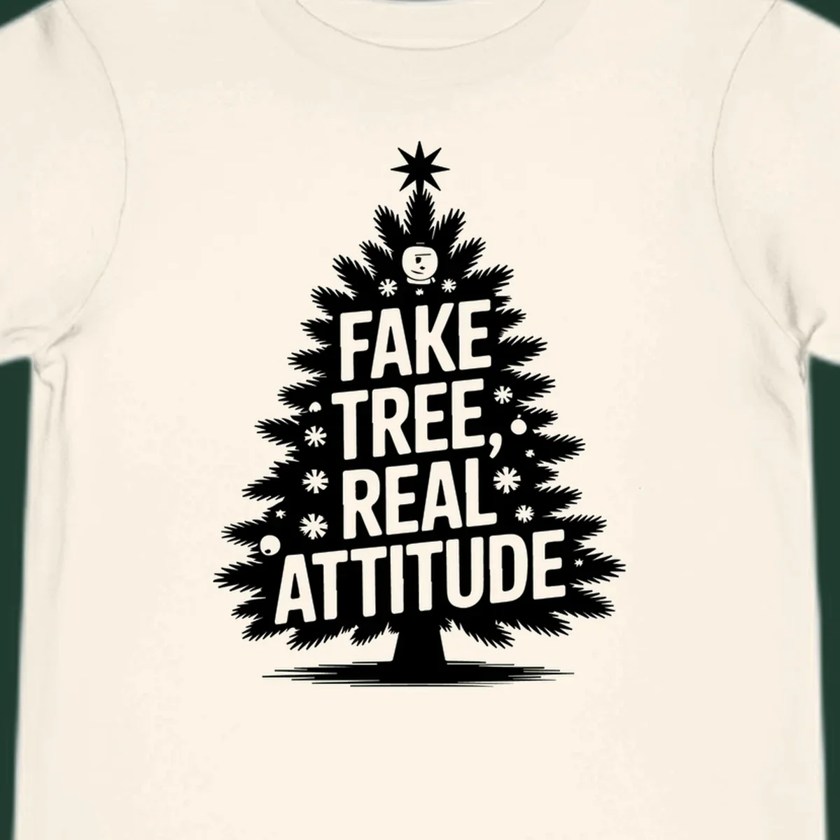 Fake tree, real attitude Christmas graphic with a stylized tree and bold text.