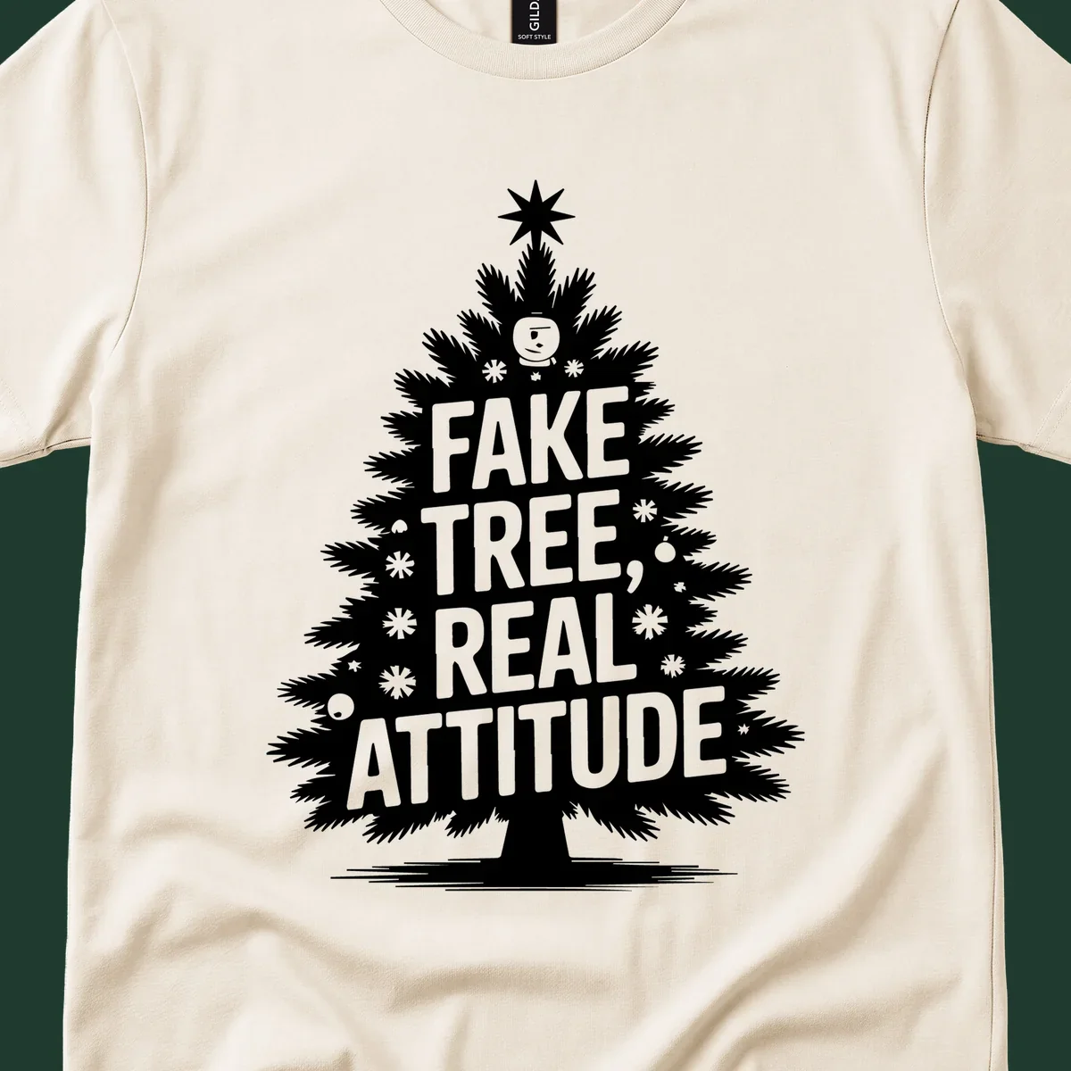 Fake tree, real attitude Christmas graphic with a stylized tree and bold text.