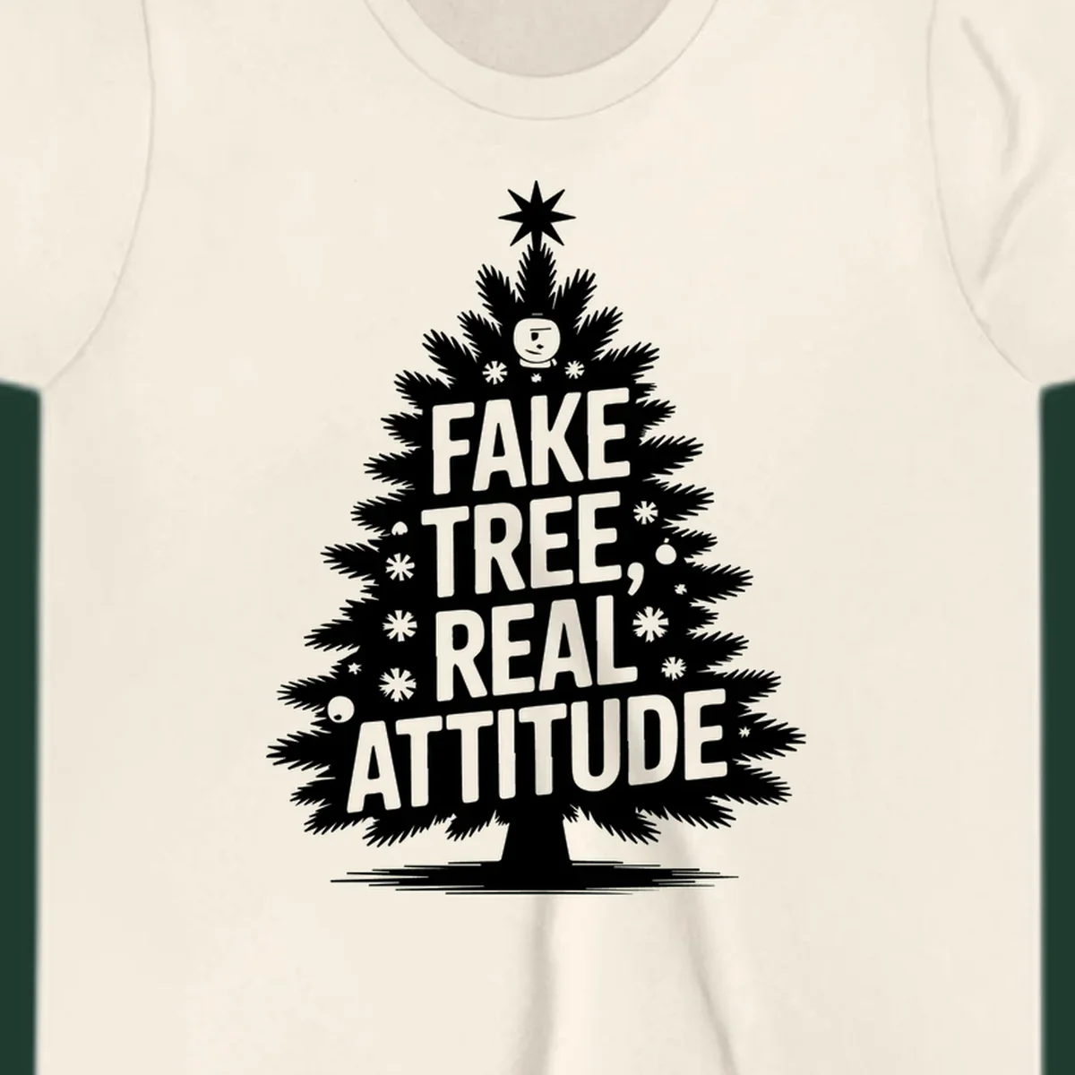 Fake tree, real attitude Christmas graphic with a stylized tree and bold text.